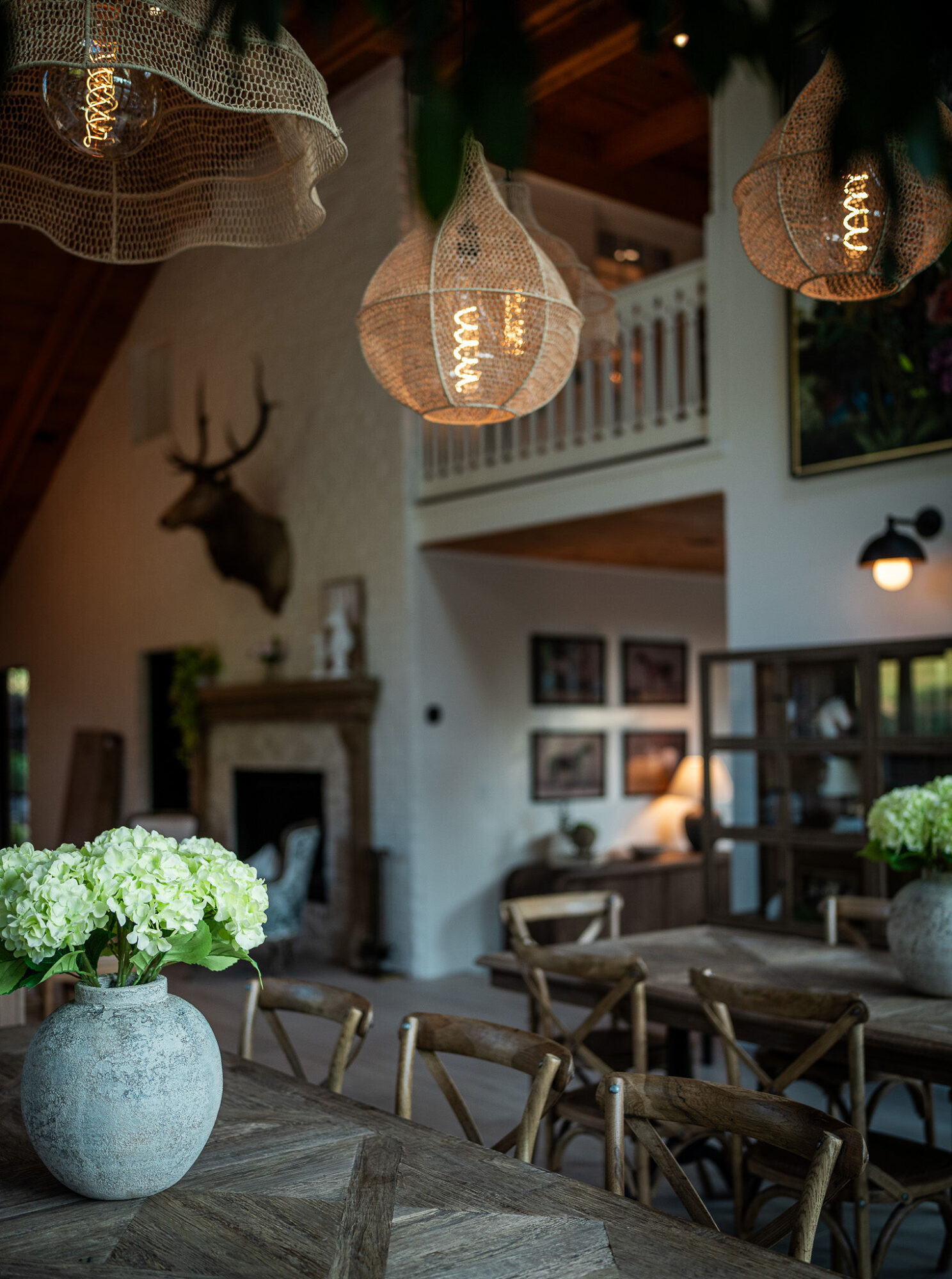 Interior of a cozy room with hanging lamps, a mounted deer head, and a dining table with chairs.