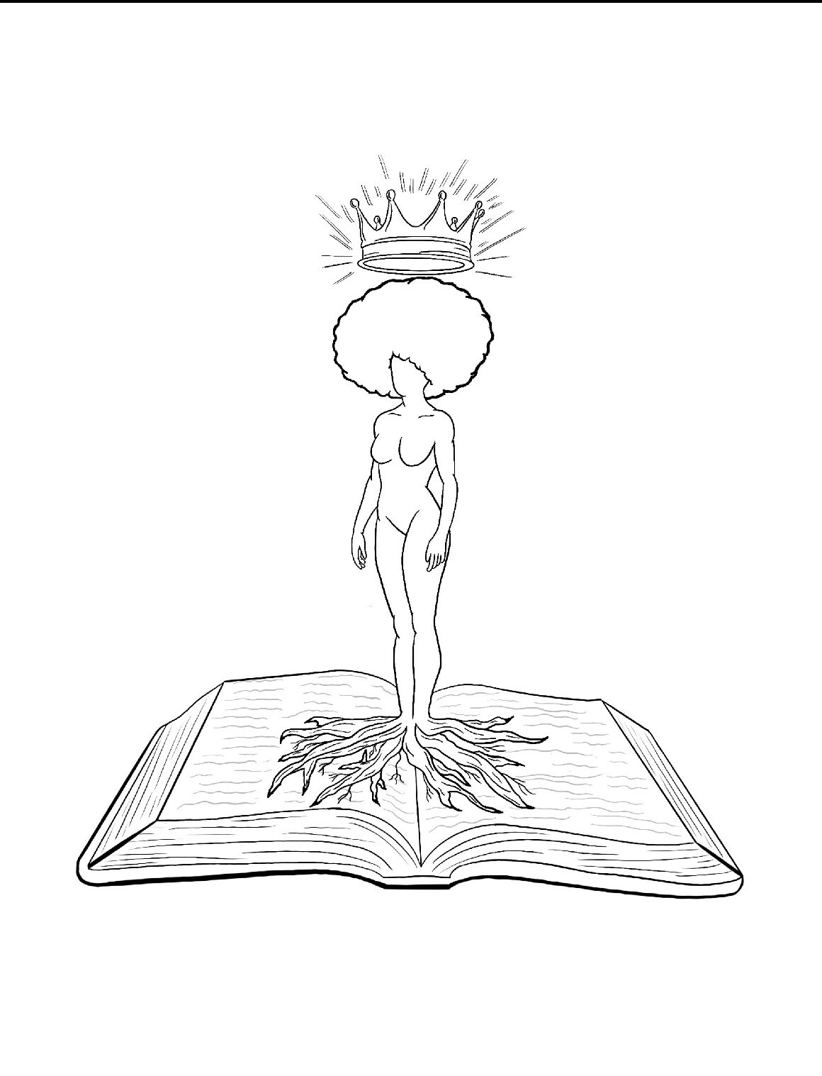 A line drawing of a woman with a cloud head, standing on an open book with roots extending from her feet, and a crown above her head.