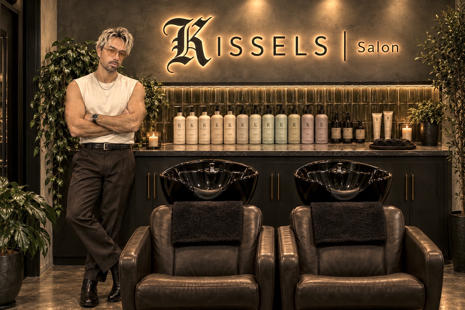 Man with crossed arms standing in salon with black chairs and shelves of hair products, illuminated sign reads 'KISSELS Salon'.