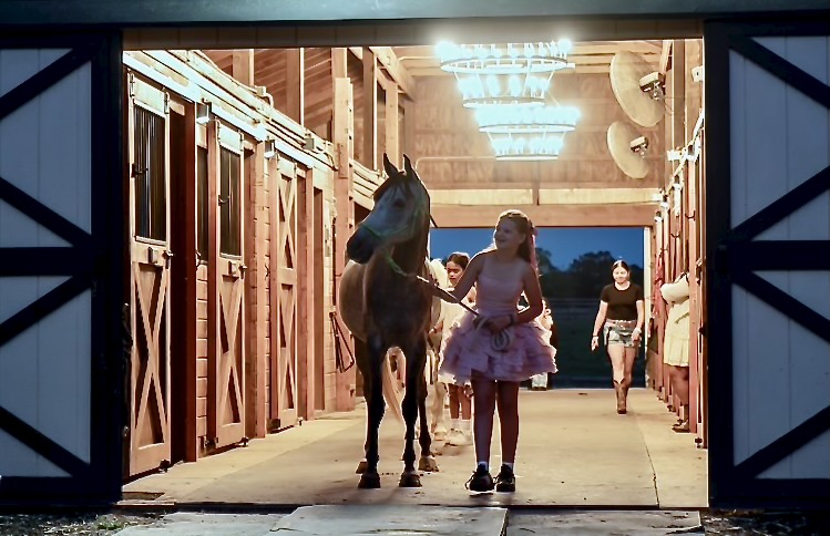 People walking with a horse inside a barn with open doors, wooden walls, and bright ceiling lights, during evening or night.