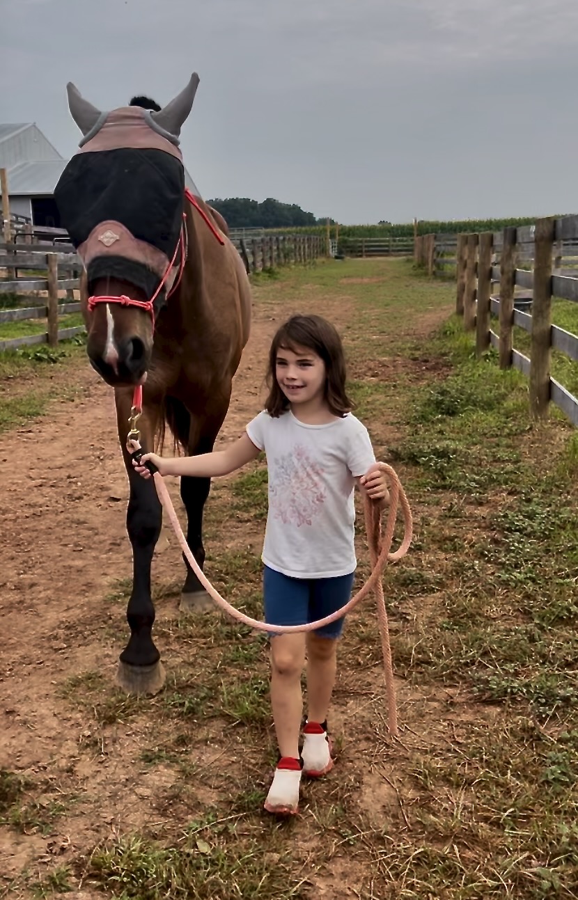Young girl holding a horse's lead rope in a fenced outdoor area, smiling, with cloudy sky and trees in background.