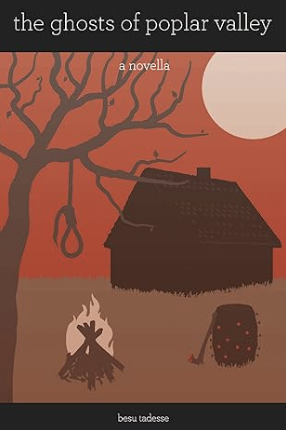 Silhouette of a house, a tree with a noose, a campfire, and a barrel against a reddish sky with a large moon.
