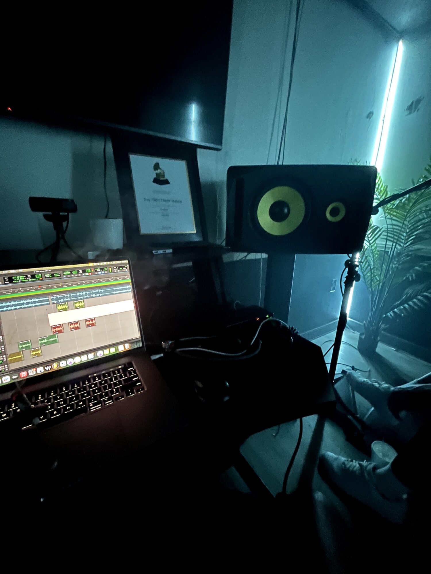 Music production setup with a laptop, speaker, and monitor in a dimly lit room with a plant nearby.