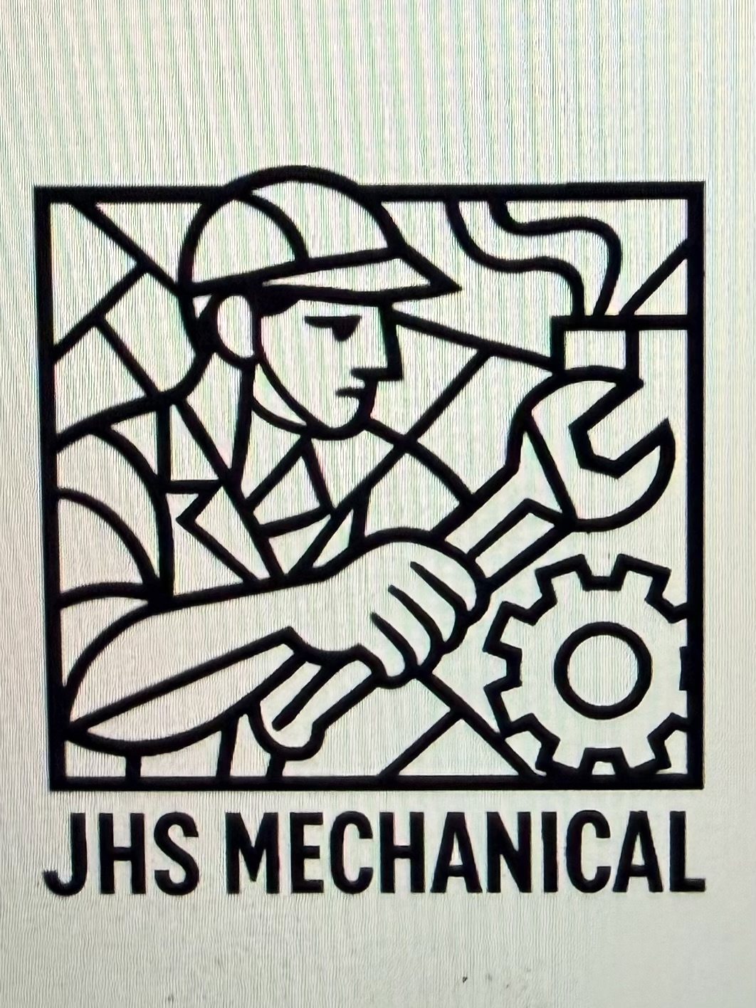Line drawing of a mechanic wearing a cap, holding a wrench, with a gear and a pipe in the background, and text below.