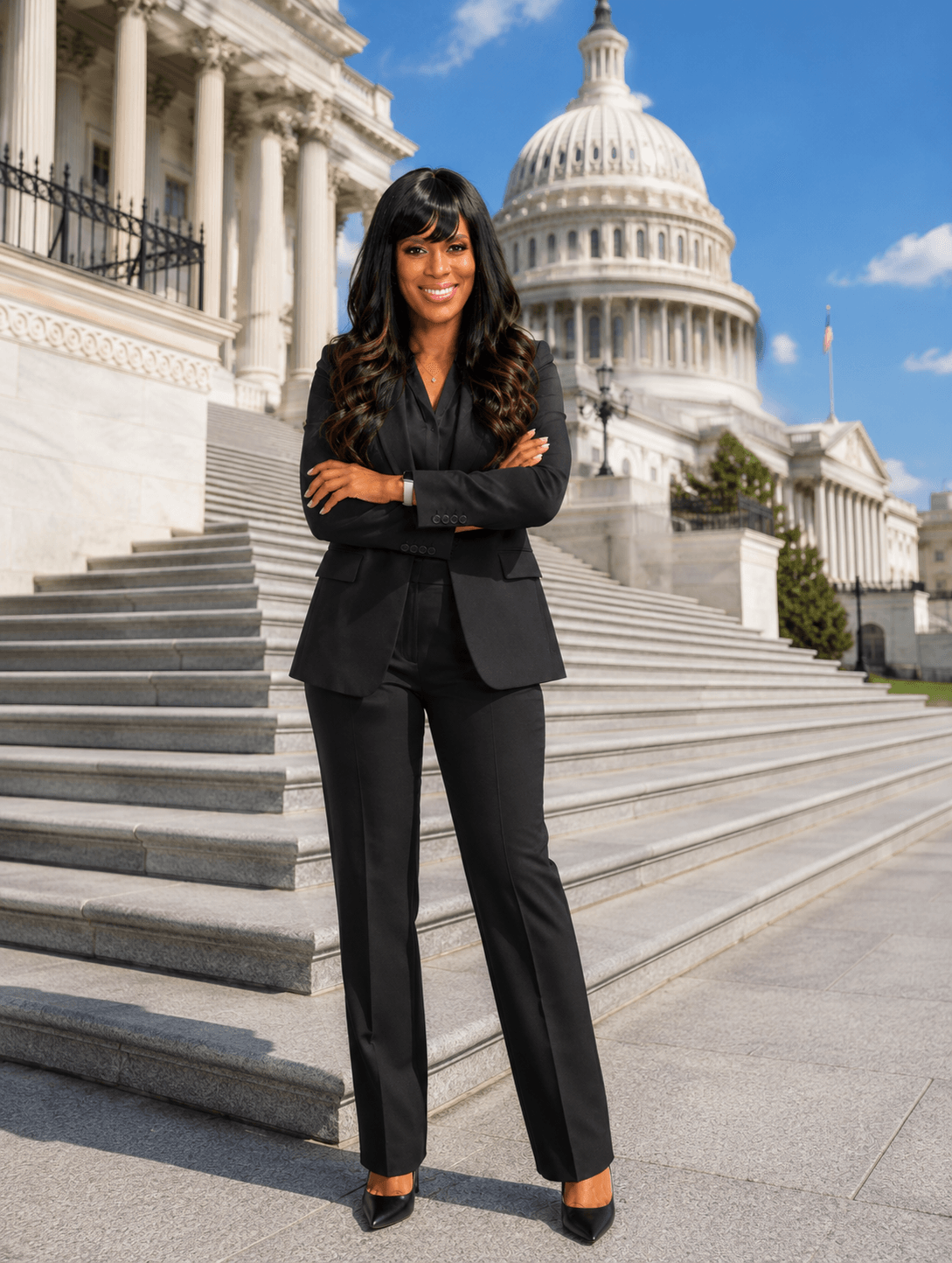 Woman in black suit standing on steps in front of Capitol building, smiling, arms crossed, sunny day.