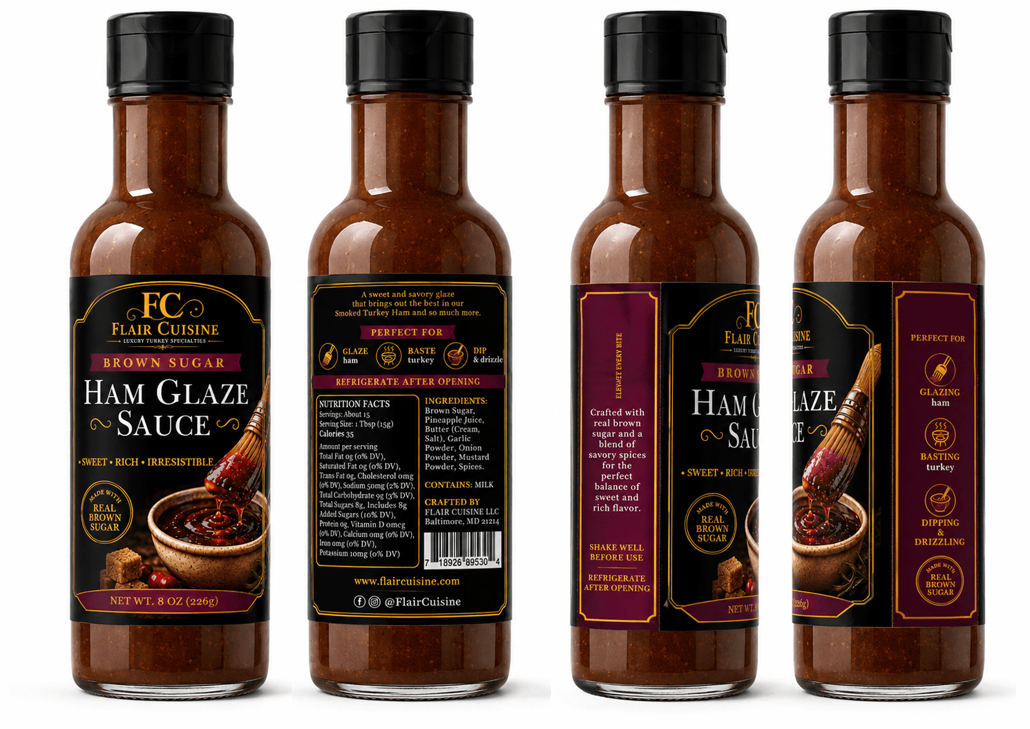 Four bottles of Flair Cuisine Ham Glaze Sauce with black caps and labels, shown from front and back views.