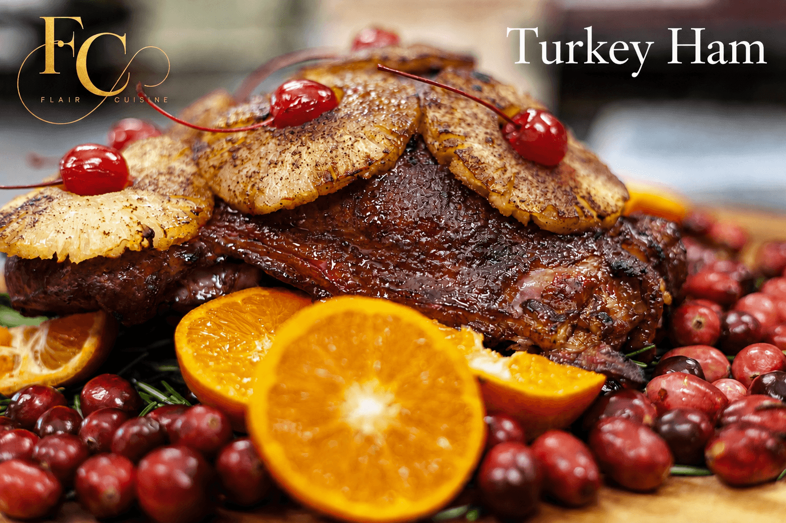 Turkey ham with cherries and orange slices on a plate, garnished with berries and citrus, close-up view.