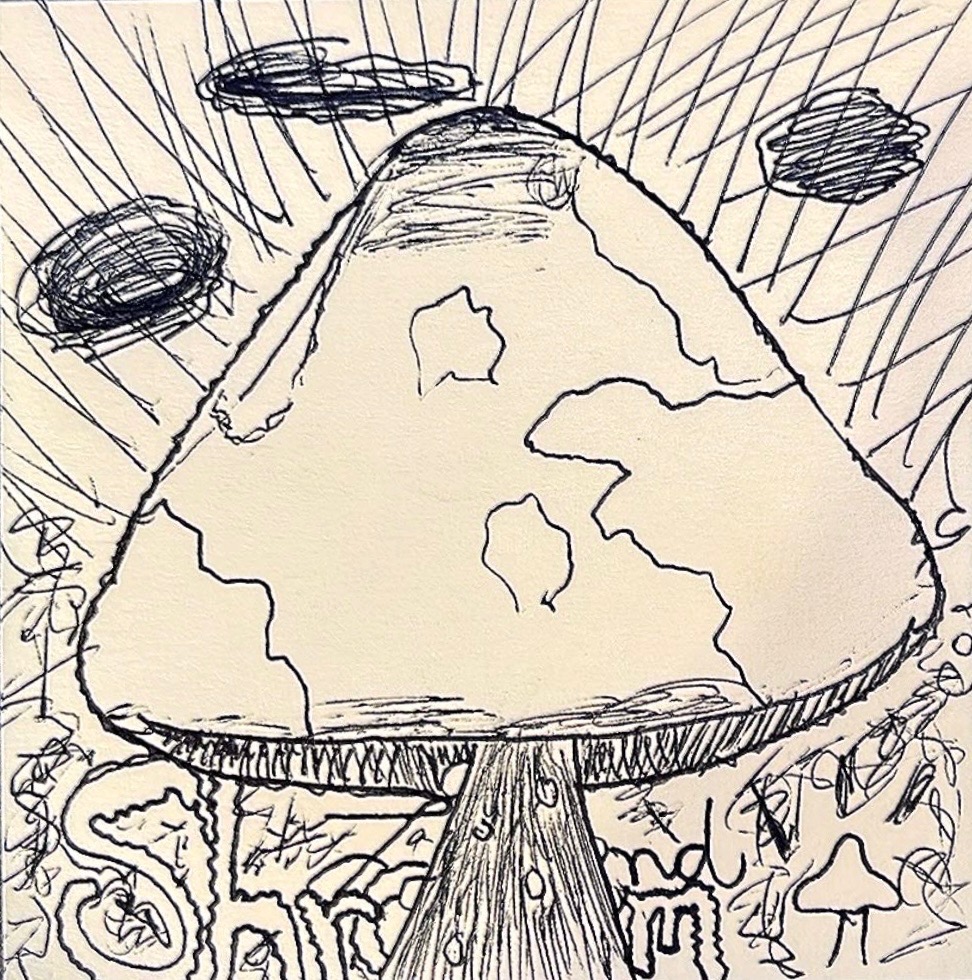 A hand-drawn mushroom with a large cap and textured stem, surrounded by clouds and abstract shapes.