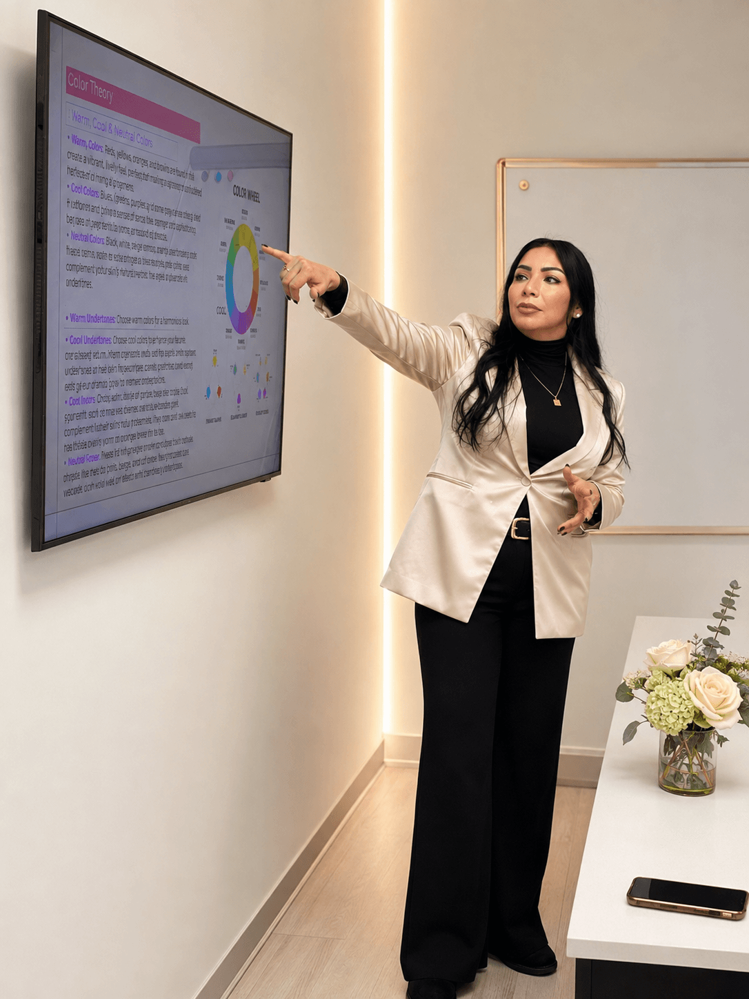 Woman in a beige blazer and black pants points at a screen displaying text and a colorful chart in a modern room.