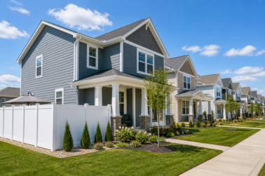Row of modern houses with front yards, white fences, and a sidewalk under a blue sky with clouds.
