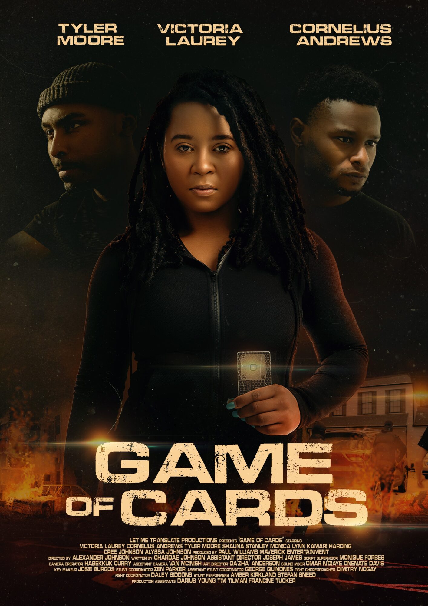 Three people, two men and one woman, stand in front of a cityscape at night, with the title 'Game of Cards' below them.
