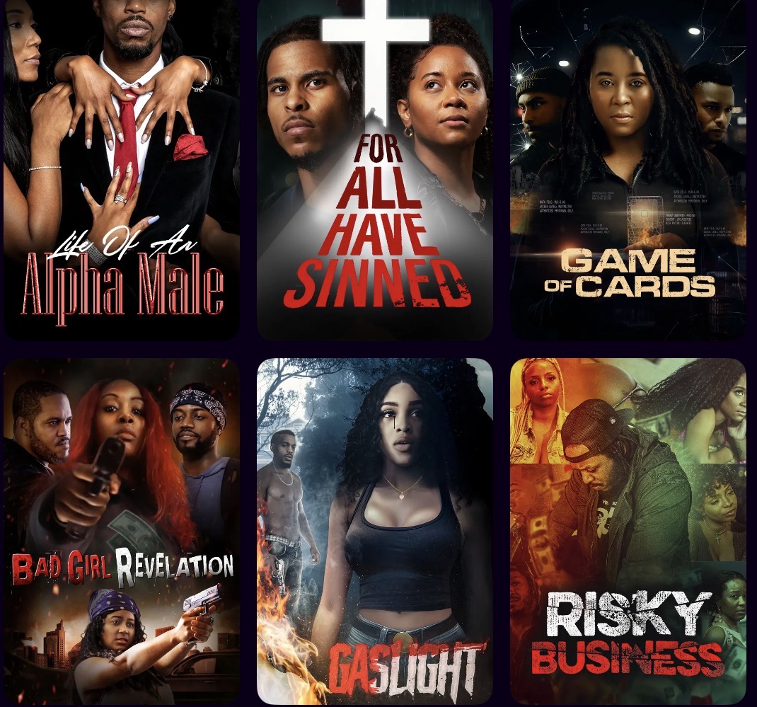 Six movie posters arranged in two rows, featuring diverse characters and titles, including 'Alpha Male,' 'All Have Sinned,' and 'Game of Cards.'