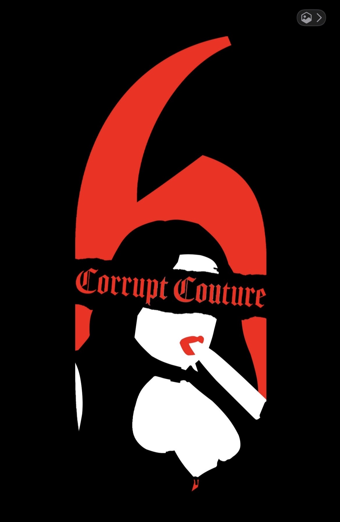 Red number six with a stylized white swan and black mask, text reads 'Corrupt Couture' on a black background.