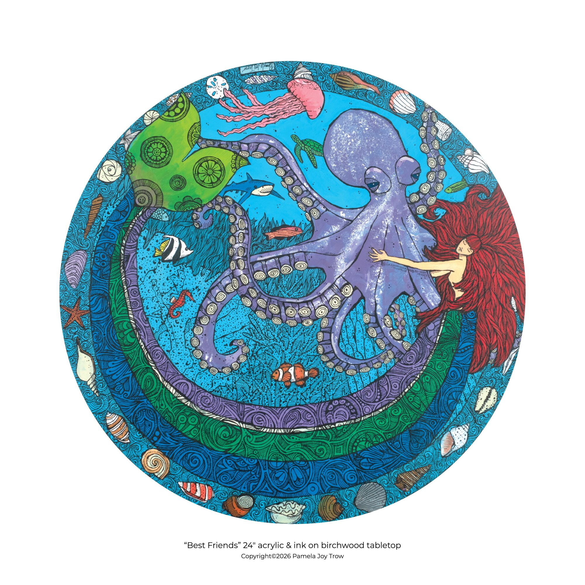 Colorful illustration of an octopus with a mermaid tail, surrounded by sea creatures and shells, on a circular background.