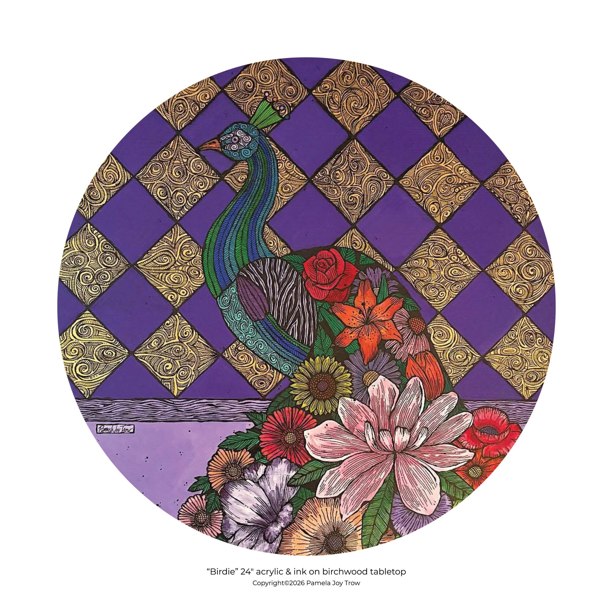 Colorful peacock with flowers on a purple and gold checkered background, circular artwork.