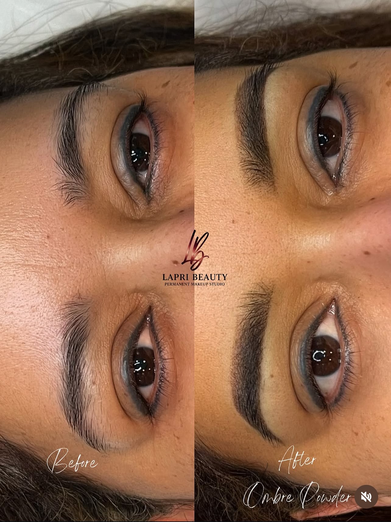Close-up of eyes showing before and after eyebrow enhancement, with natural and filled-in eyebrows, side by side.