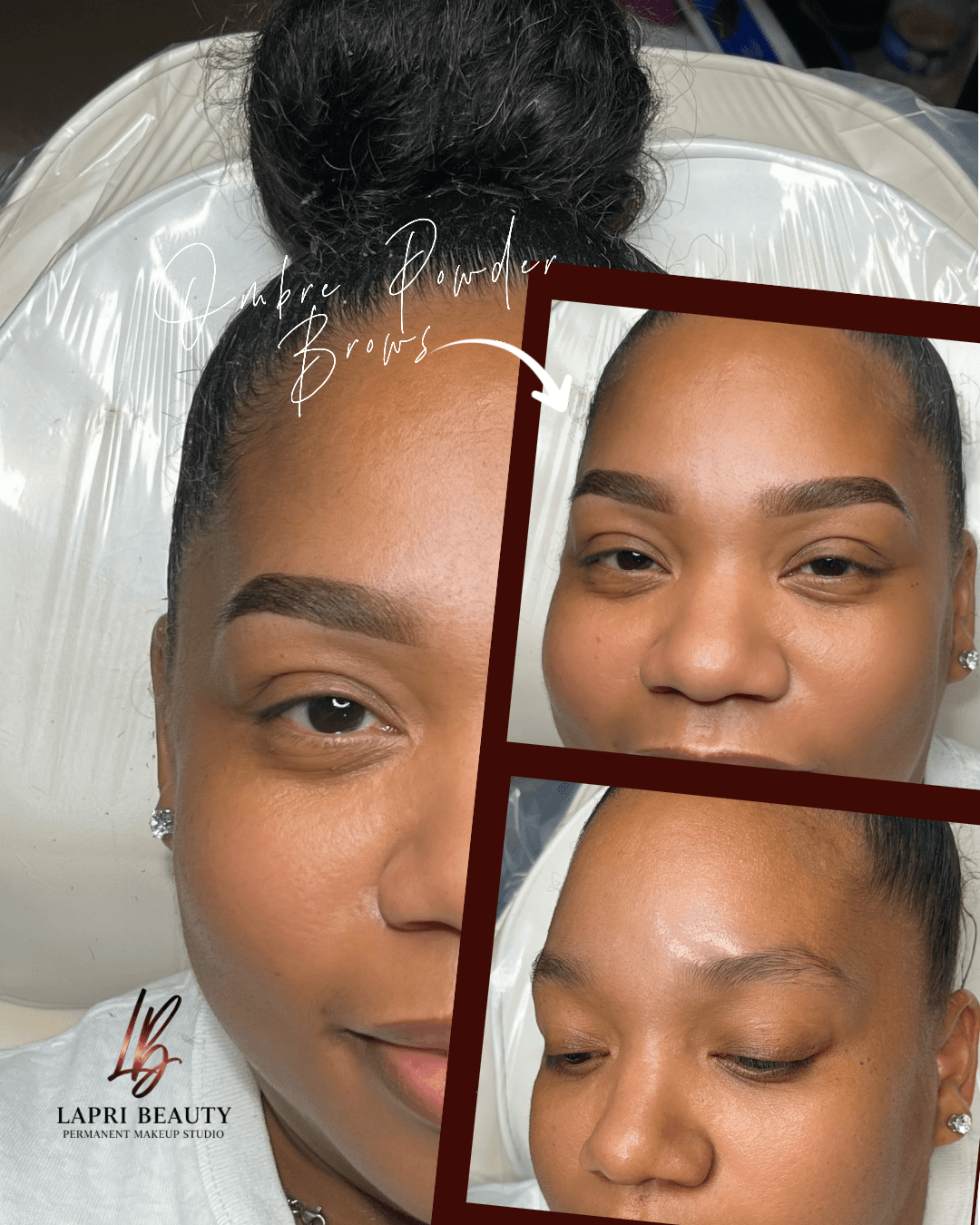 Close-up of a woman's face with makeup, showing her eyebrows, eyes, and forehead, with a smaller inset image of her face with eyes closed.