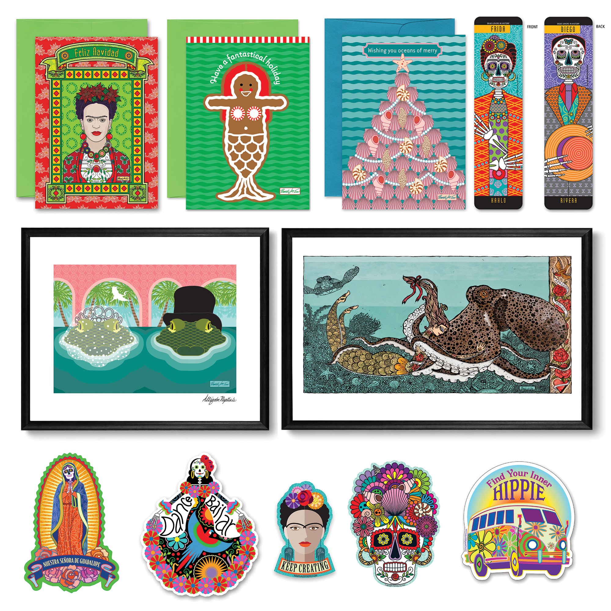Collection of colorful illustrations including a woman, gingerbread man, Christmas tree, two phone cases, water scene, and decorative items.