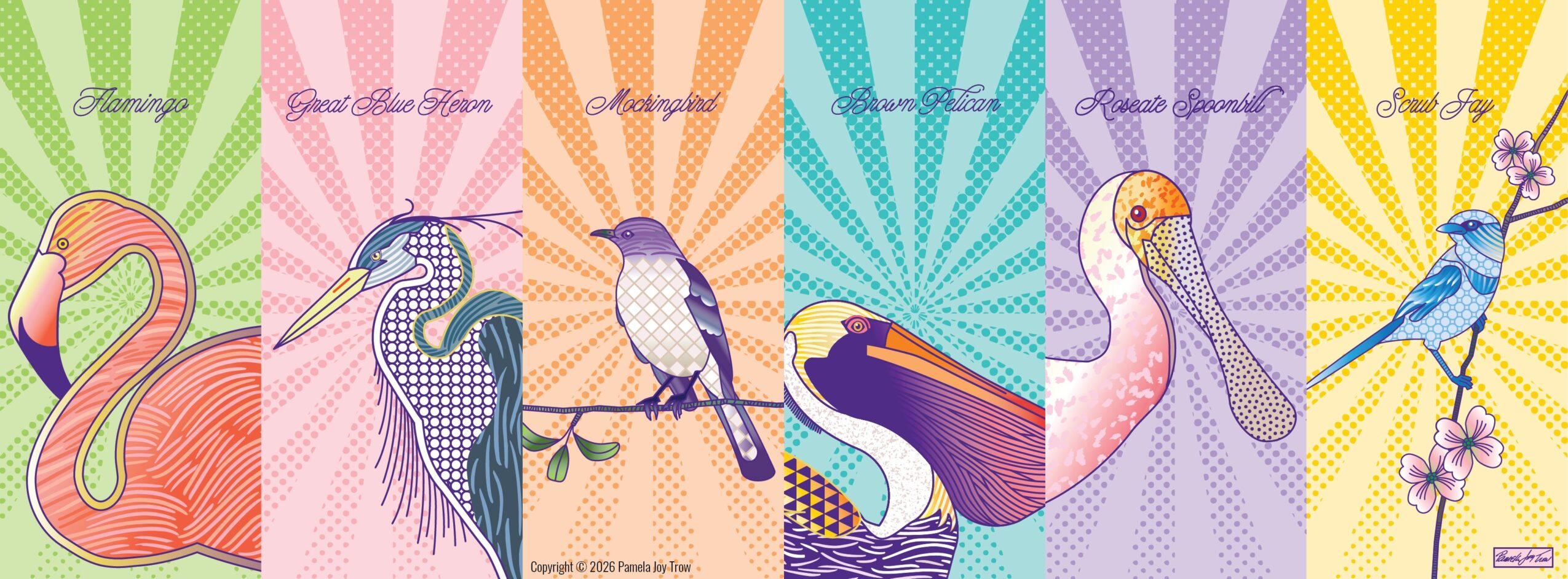 Four colorful illustrations of birds and a flamingo, each with a different background pattern and color, arranged side by side.