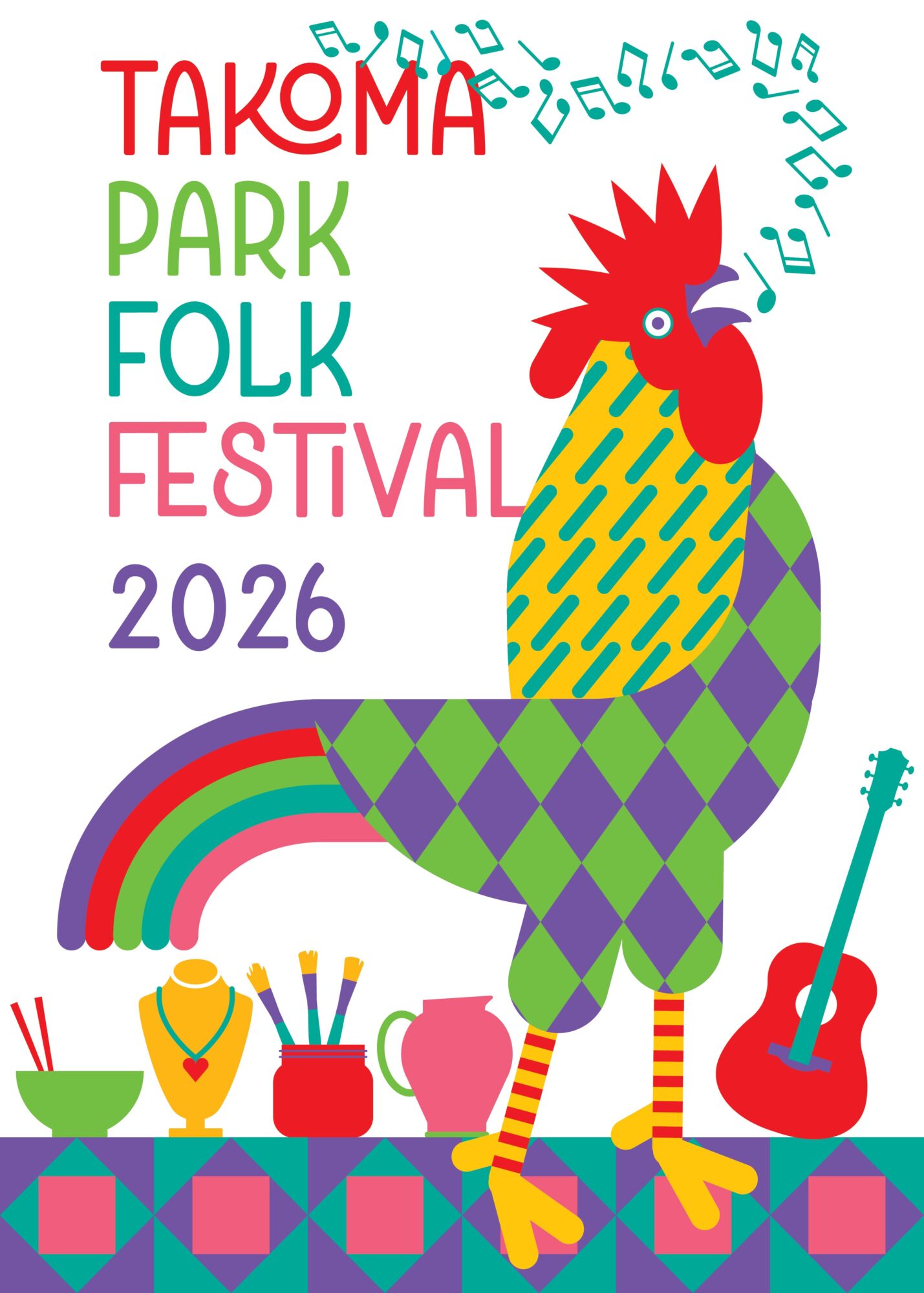 Colorful rooster with rainbow tail, surrounded by festival items, promoting Takoma Park Folk Festival 2026.