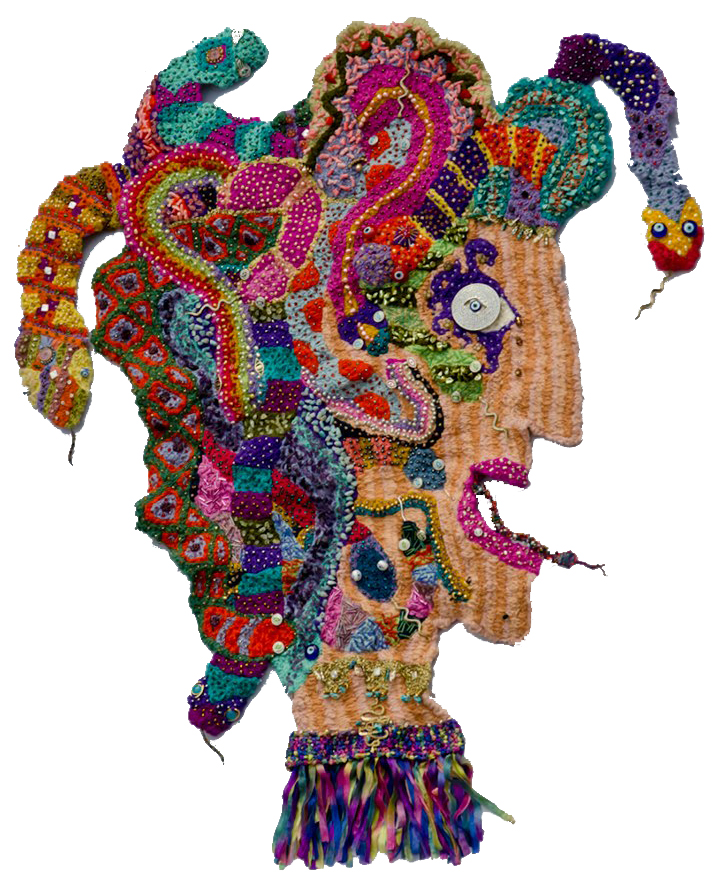 Colorful, textured patchwork of various shapes and patterns resembling abstract creatures or faces, with vibrant colors and intricate details.