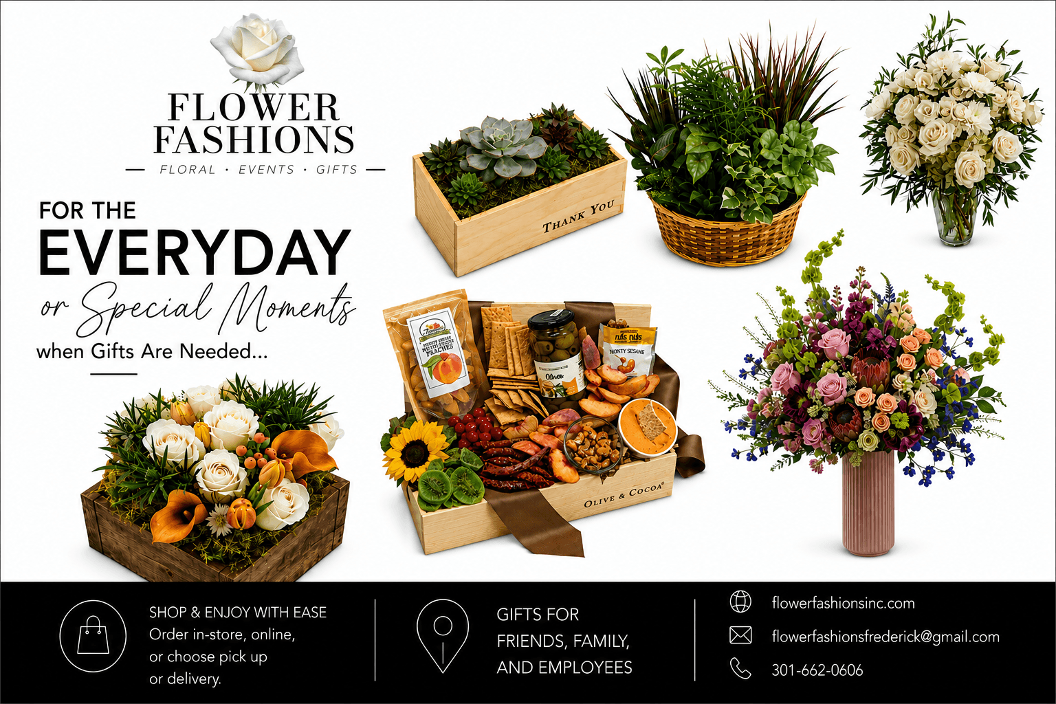 Arrangement of flower bouquets, baskets, and gift boxes with flowers and plants, with text about flower fashions and gifts.