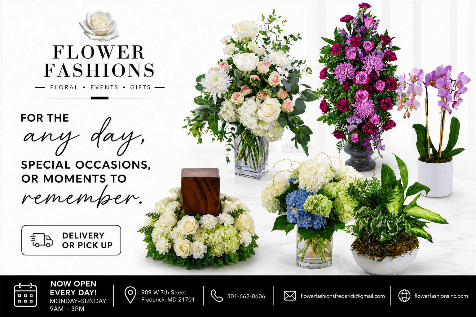 Display of various flower arrangements in vases and pots with text about flower fashions and occasions.
