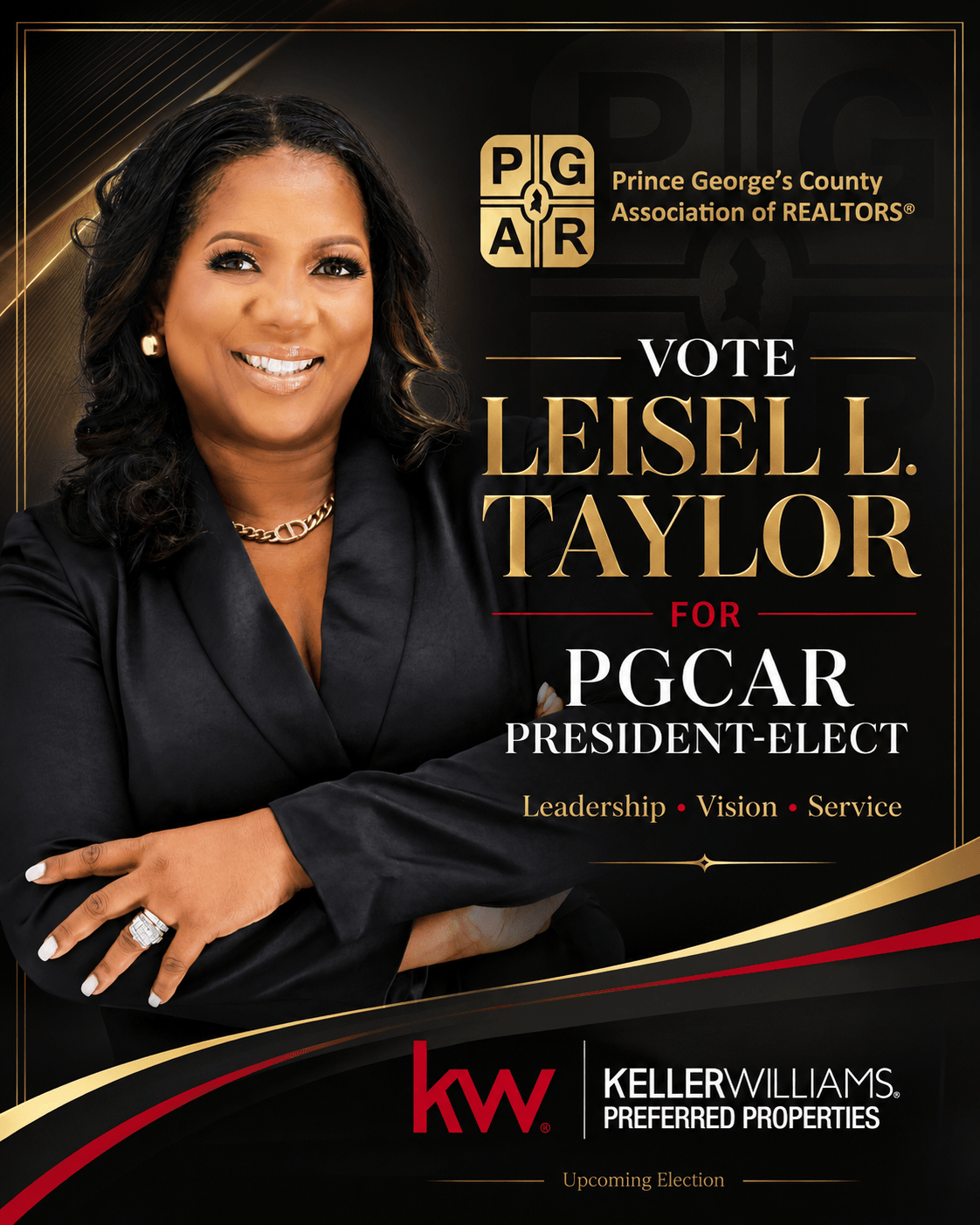 Portrait of Leisel L. Taylor smiling, promoting her candidacy for PGCAR President-Elect, with logos and campaign message.