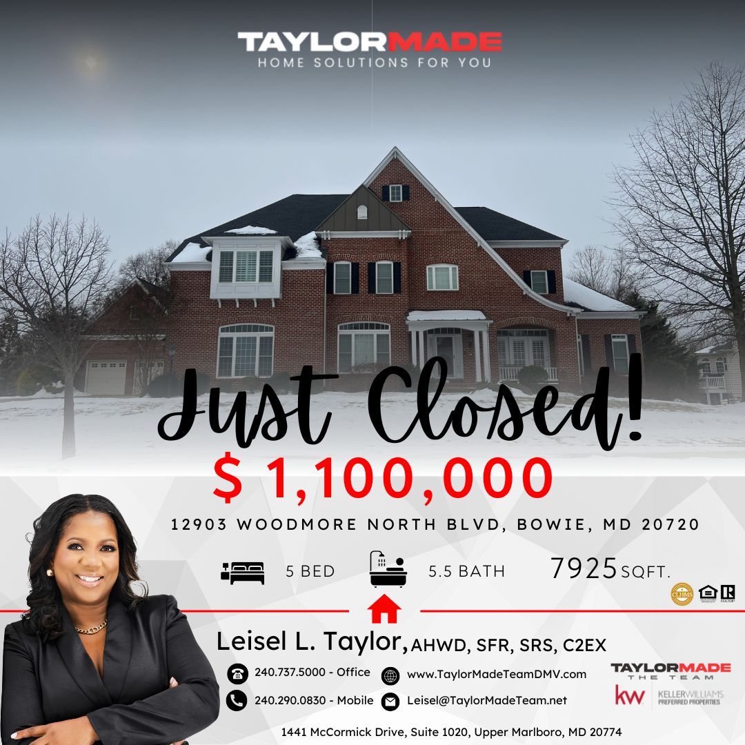 Closed house with snow, text 'Just Closed!', price, address, agent photo, and contact info.