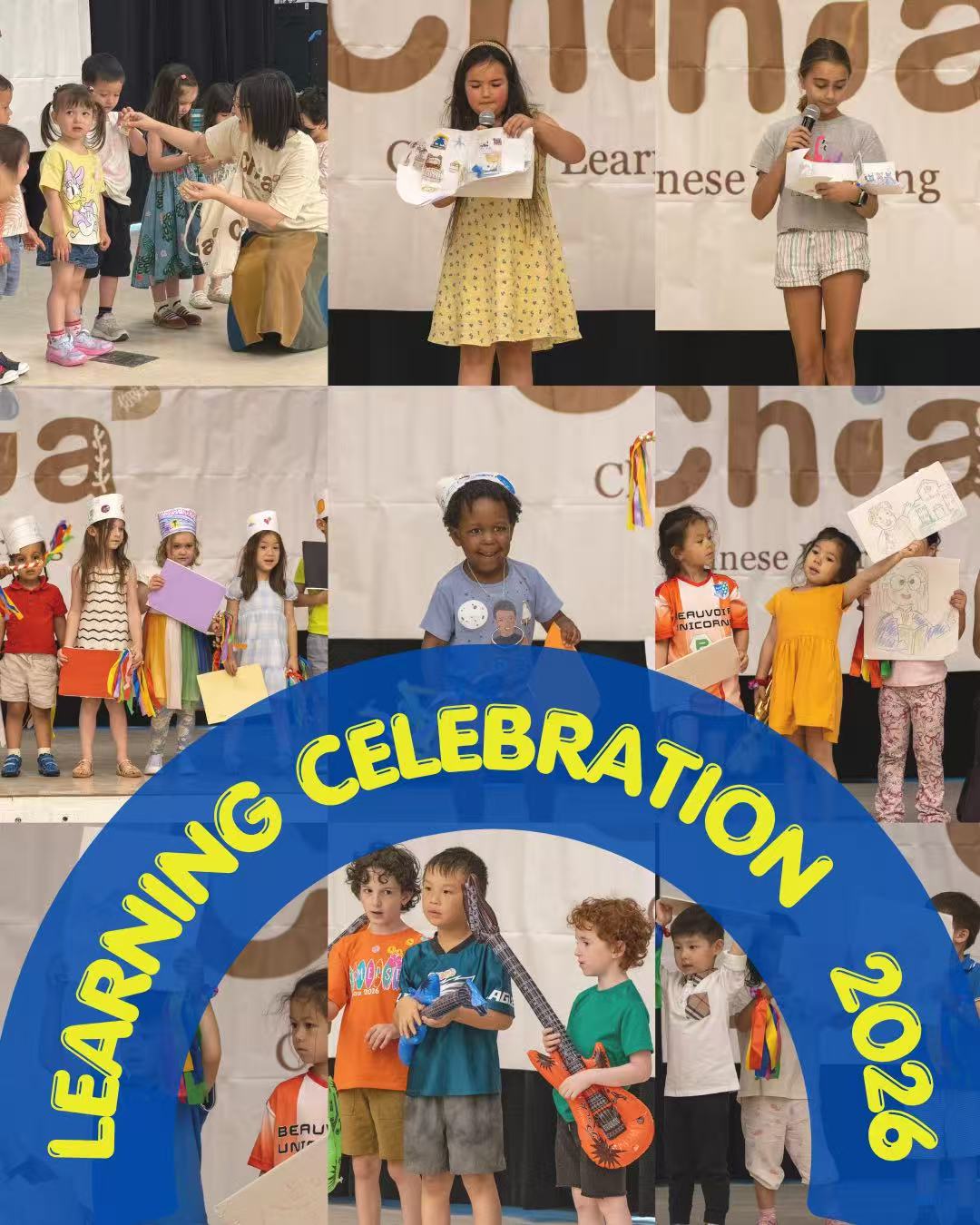 Children and adults at a celebration event, some holding papers, with a blue banner reading 'Learning Celebration 2026'.