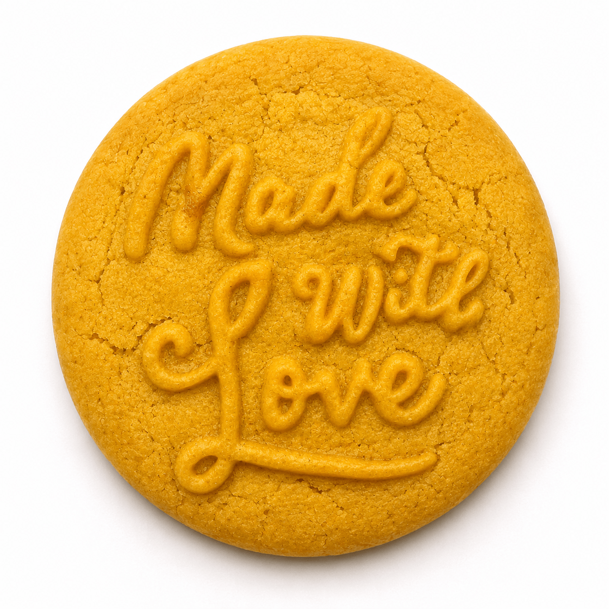 Round cookie with the words 'Made I Write Love' embossed on it in cursive, yellow-orange color, on a white background.