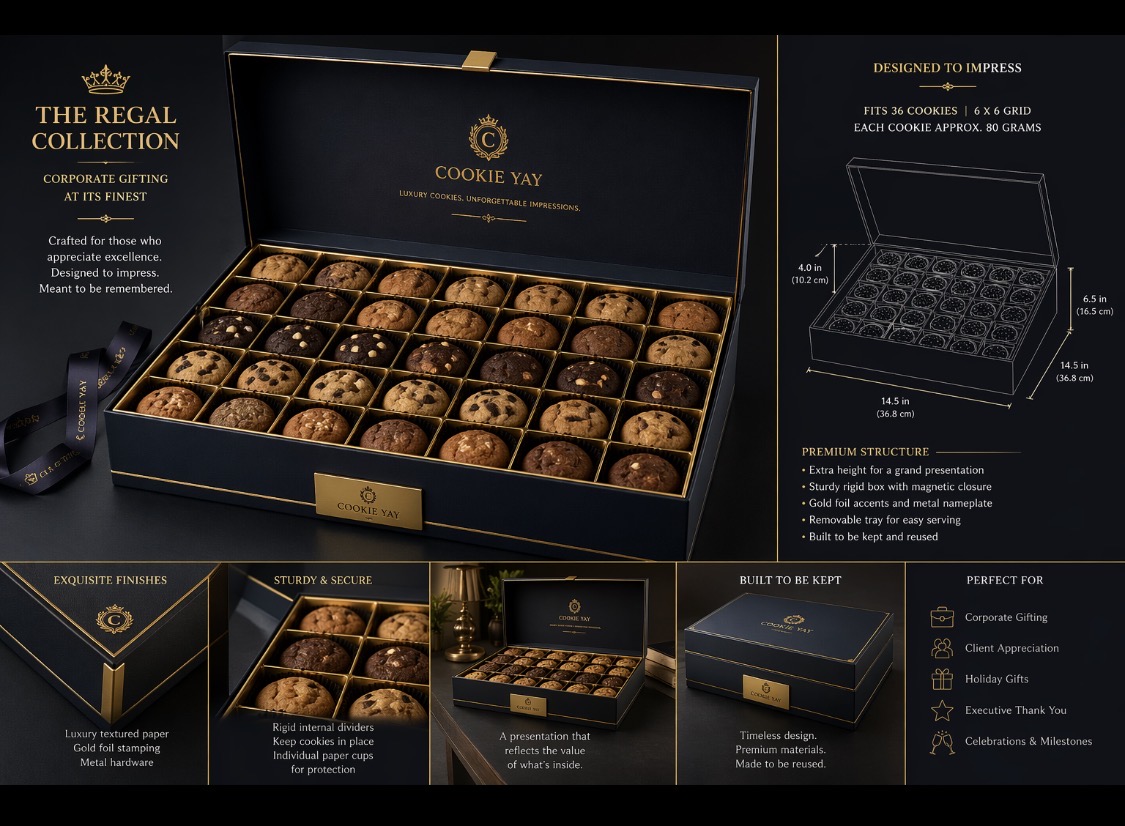 Open box of assorted cookies with a black and gold design, showing 24 cookies inside. Diagram and descriptions of packaging features are also visible.