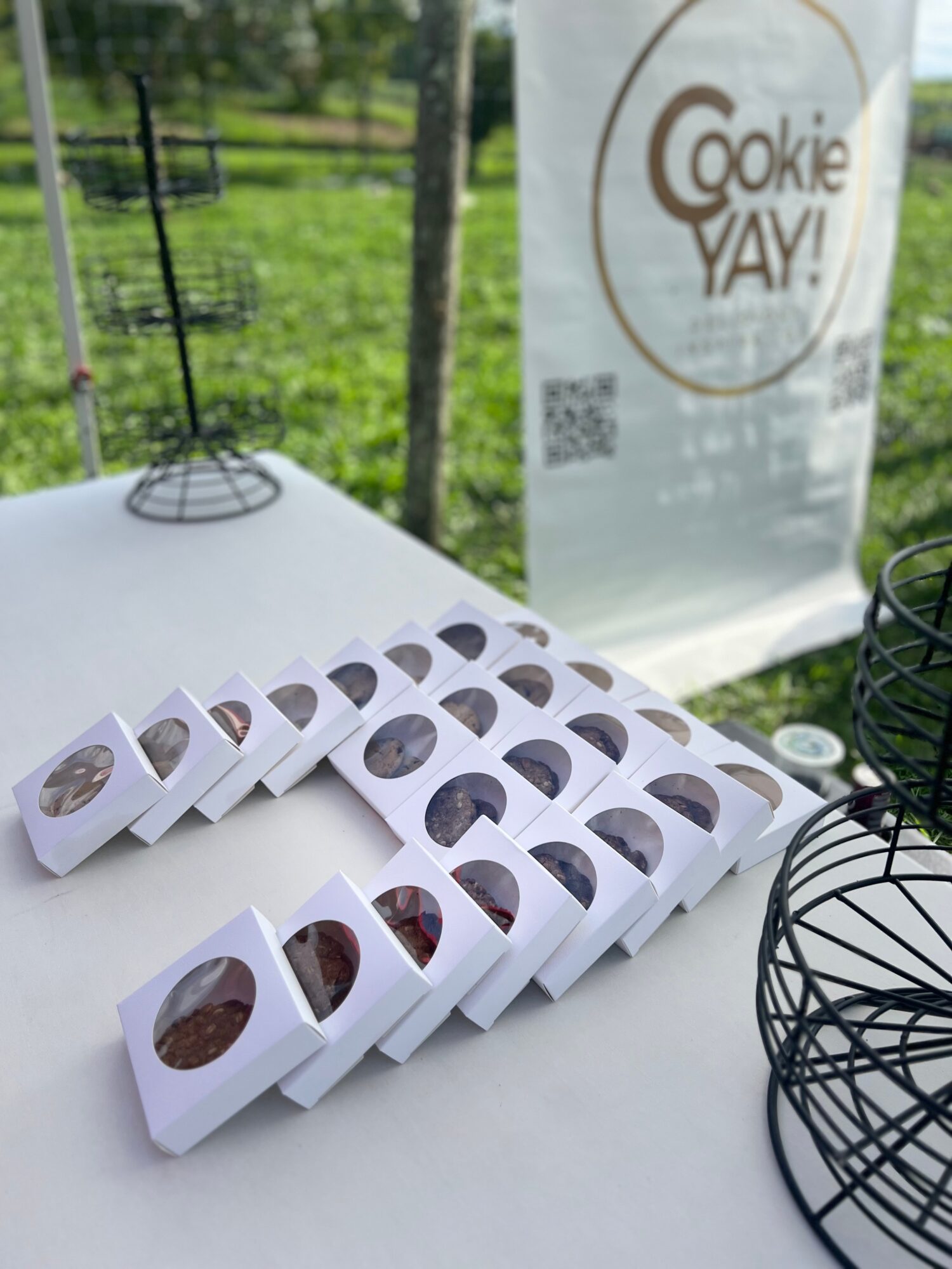 Boxes of cookies on a table outdoors with a sign in the background reading 'Cookie YAY!'.