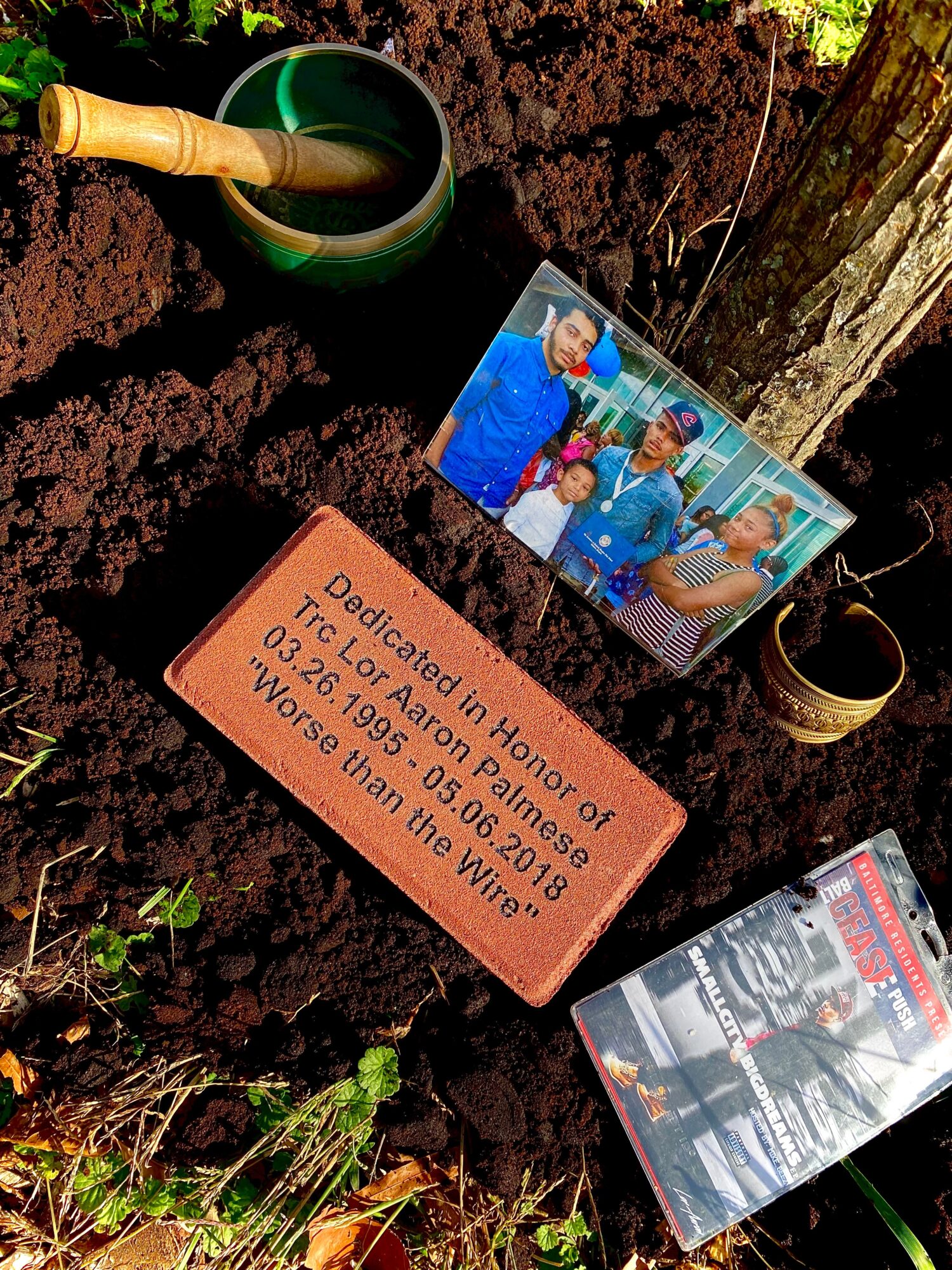 A memorial plaque, a photograph, and a magazine are placed on soil near a tree trunk, with gardening tools nearby.