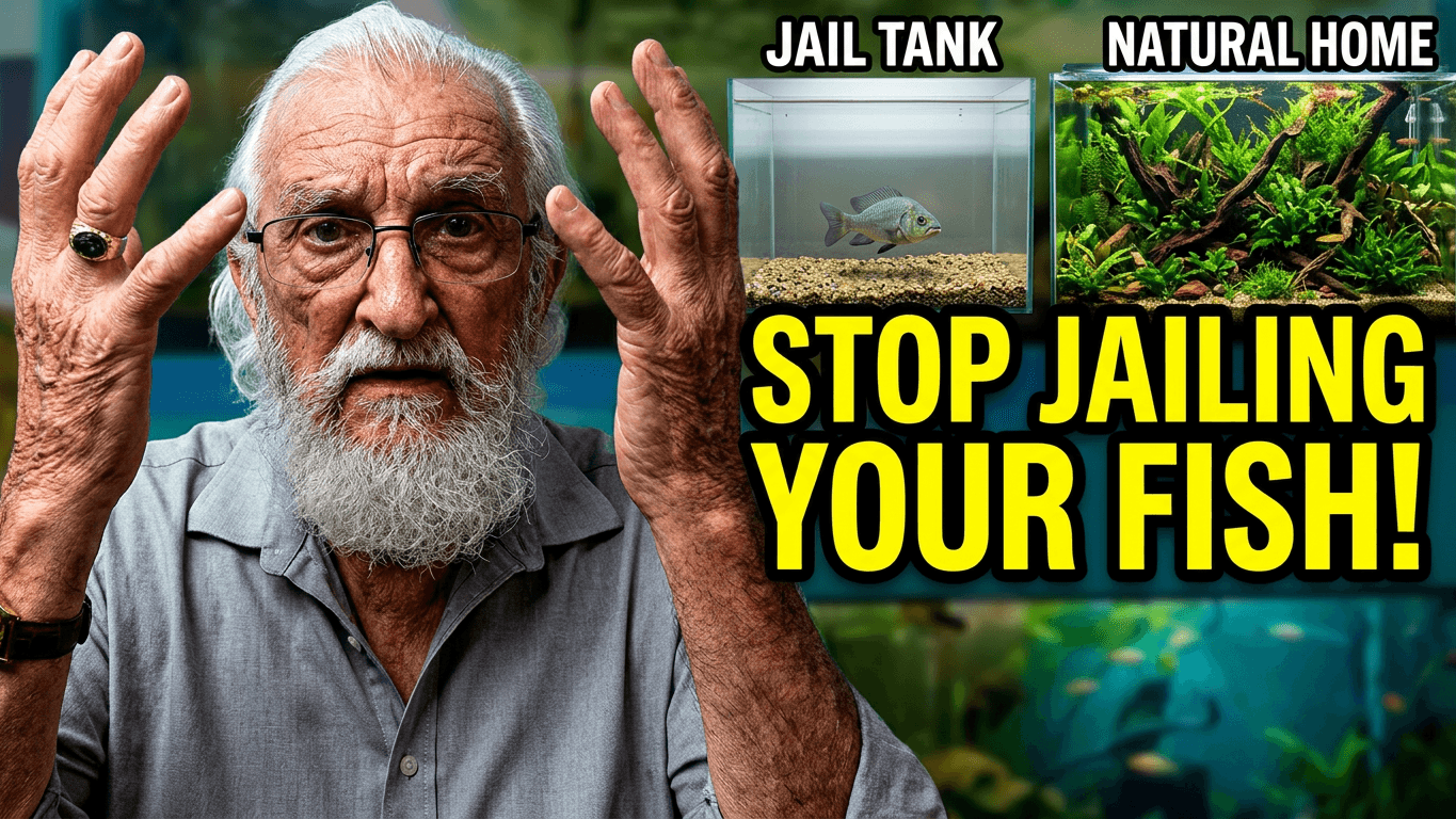 Older man with glasses and beard gestures with hands, with images of a jail tank and natural home fish tank, and text about stopping fish jailing.