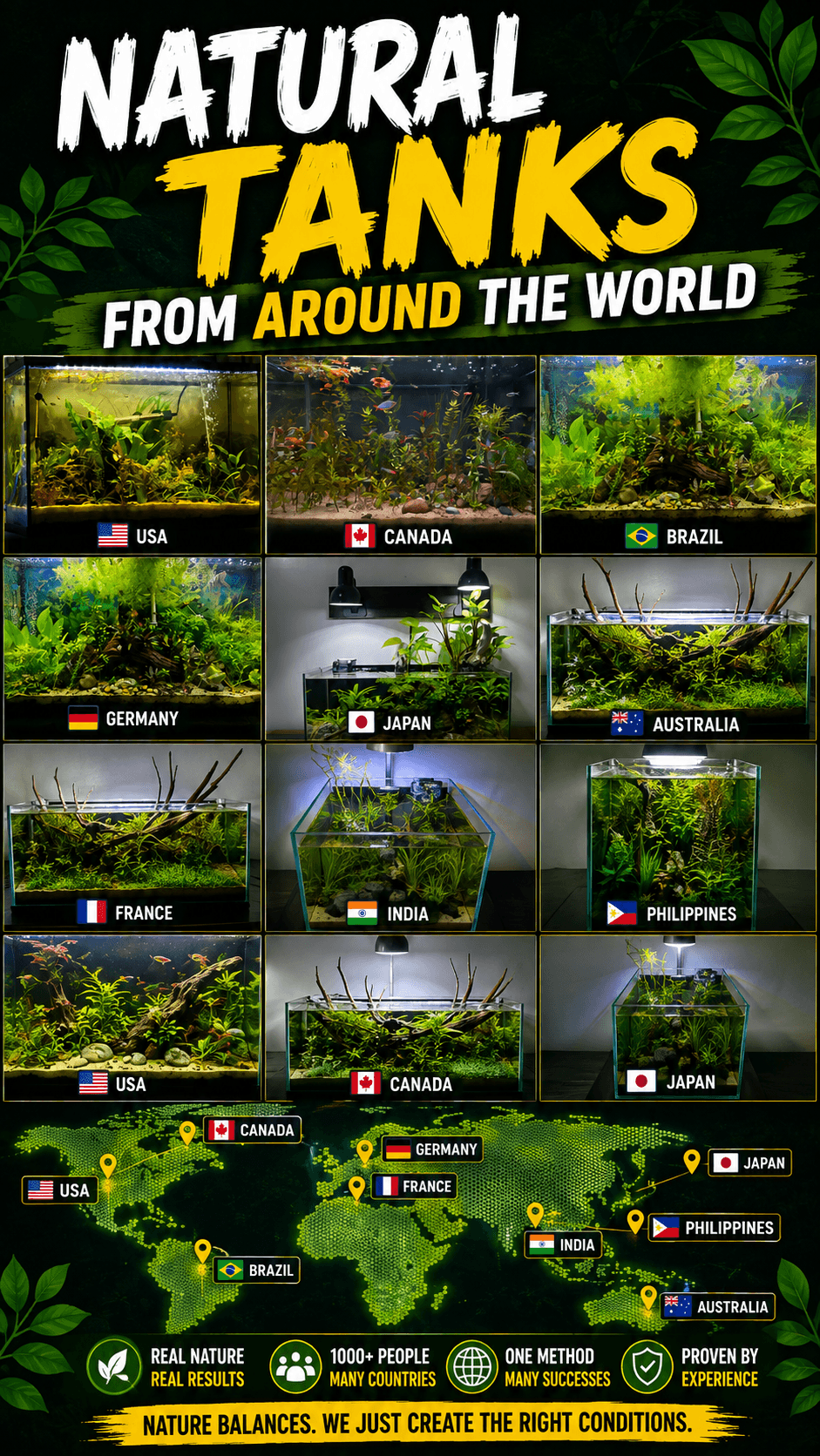 Poster showing various natural tanks from around the world with country flags and a green leafy background.