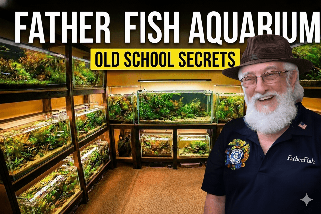 Smiling man with glasses and a beard in front of aquariums, with text about father fish aquarium secrets.