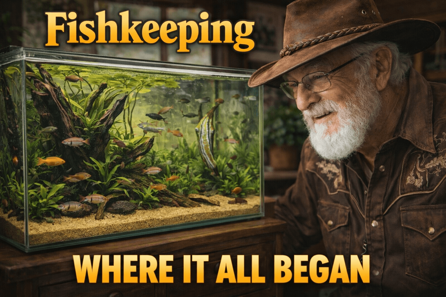 Elderly man with glasses and a hat looks at a fish tank with plants and small fish, with the text 'Fishkeeping WHERE IT ALL BEGAN'.