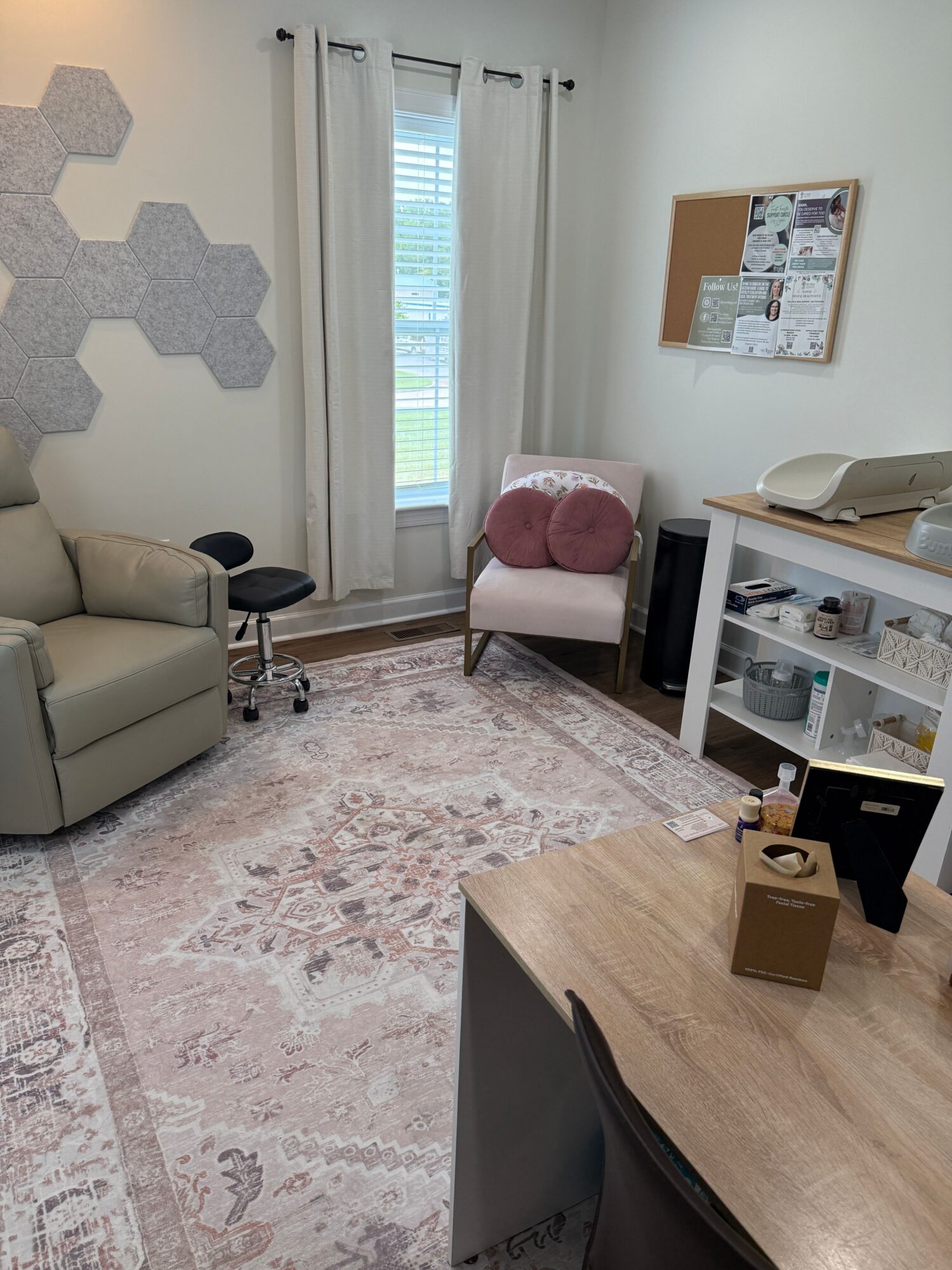 Living room with beige sofa, white bookshelf, pink cushion, window with blinds, and patterned rug.
