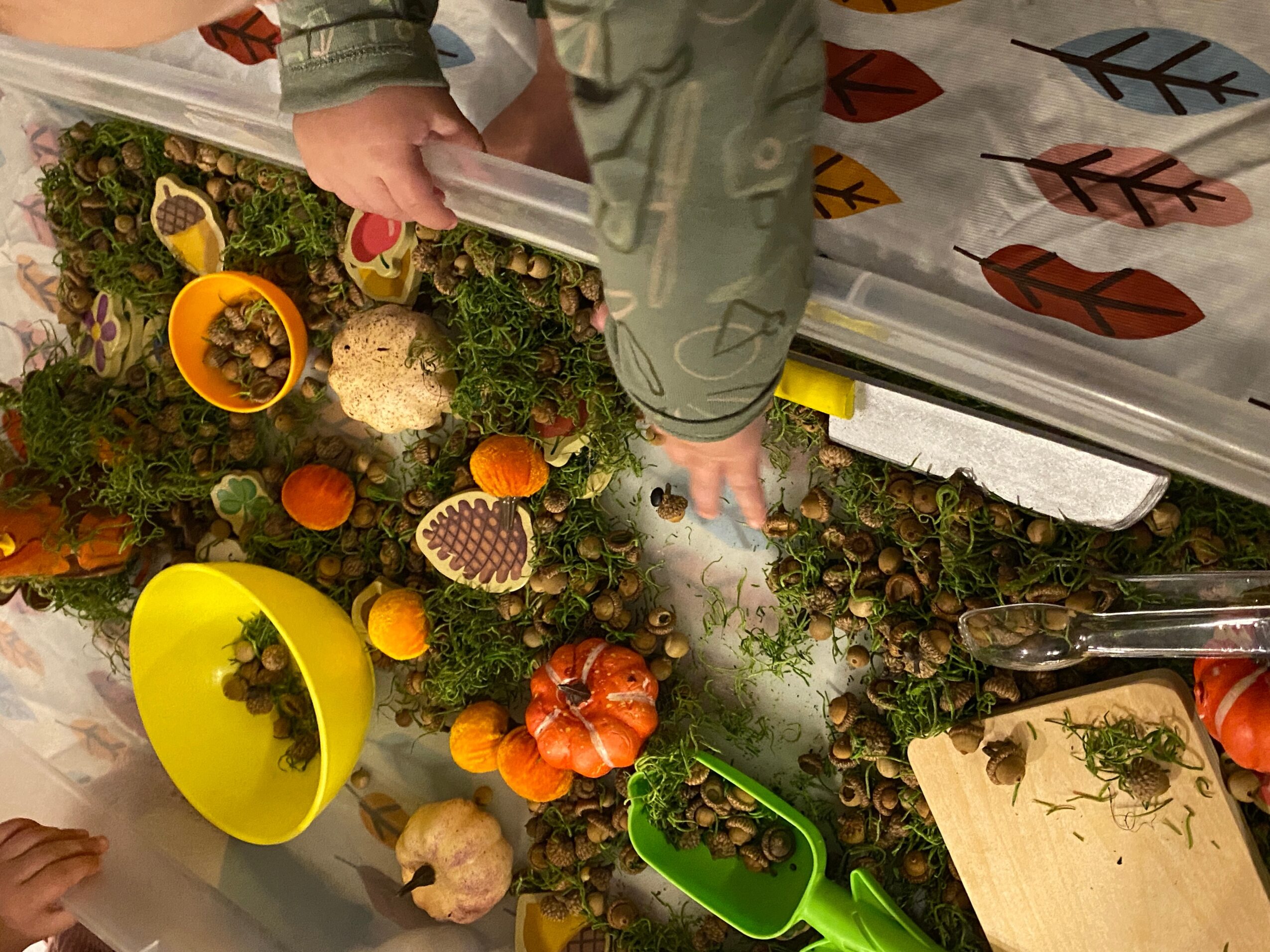 Child's hand reaching over a table with colorful plastic fruits and vegetables, a cutting board, and a green scoop, viewed from above.