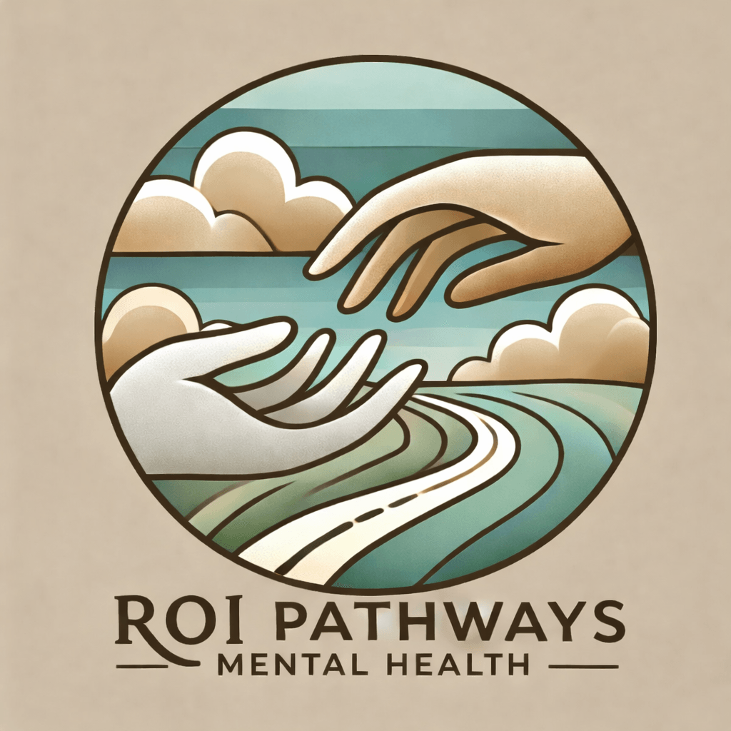Illustration of two hands reaching towards each other over a winding path with clouds in the background, symbolizing connection and support.