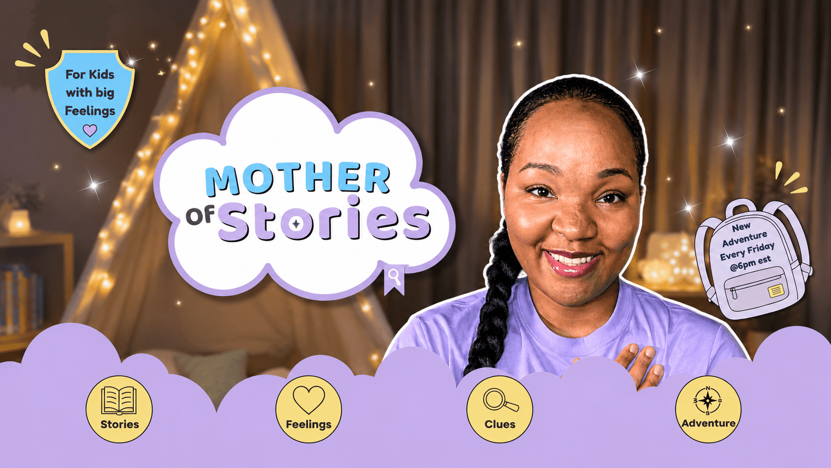 Smiling girl with braided hair in front of a stage with lights, holding a sign that says 'Mother of Stories'.
