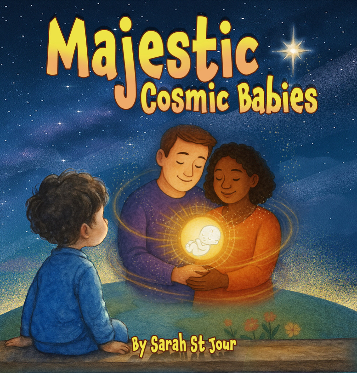 Children looking at a glowing baby in a night sky with stars, with a boy and girl holding the baby.