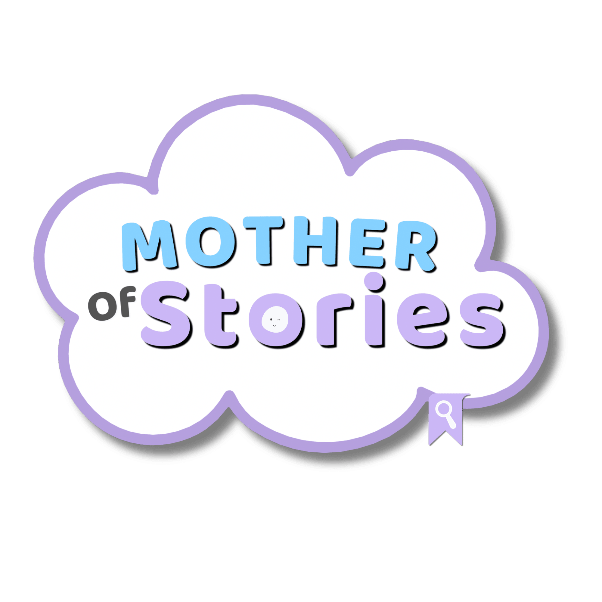 Text inside a cloud shape reads 'Mother of Stories' in blue and purple letters on a black background.