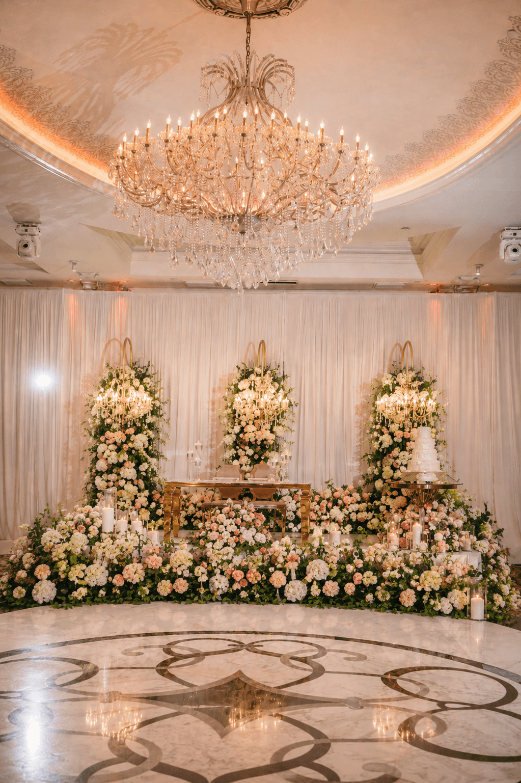 Elegant floral arrangement with white and pink flowers, a large chandelier, and a decorated stage backdrop.