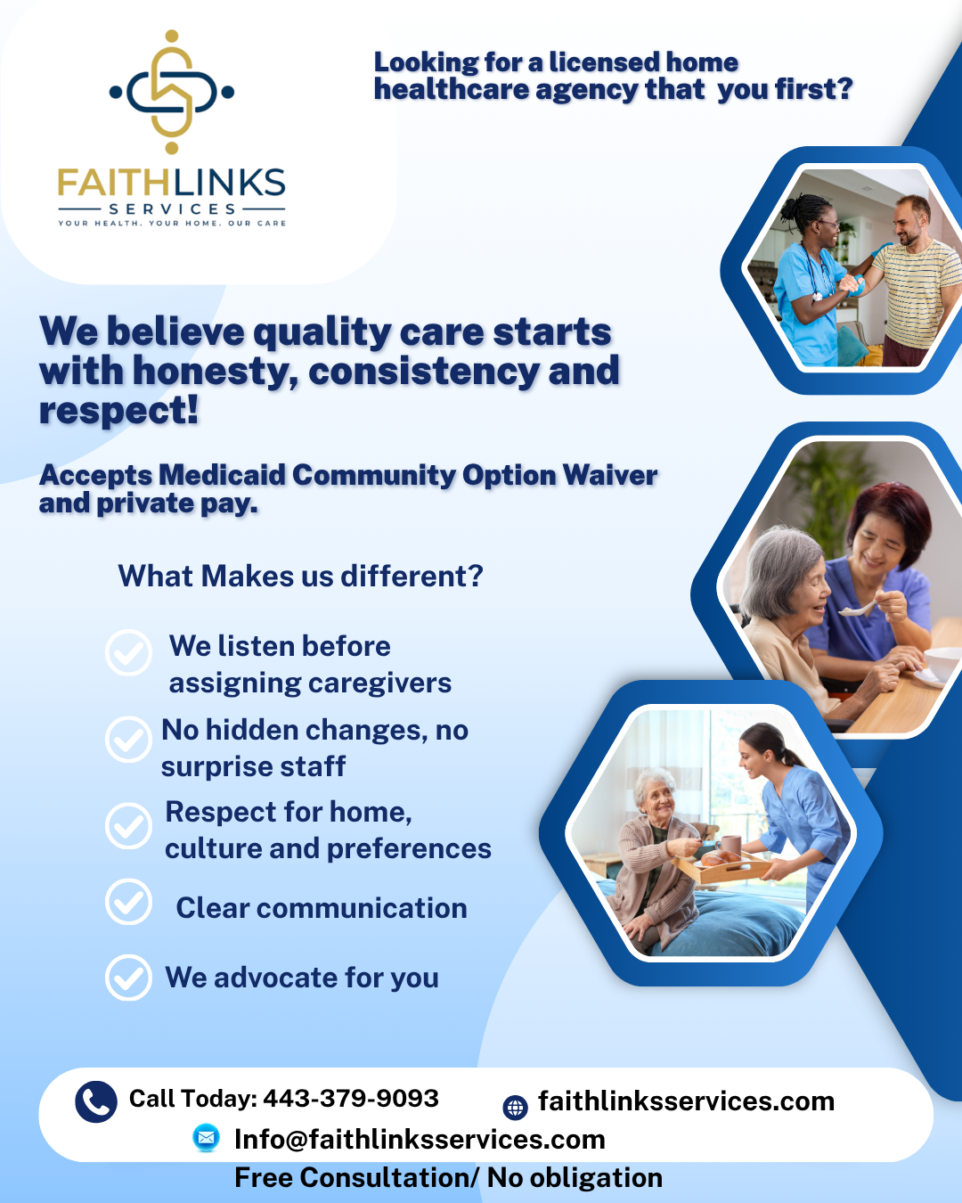 Flyer for Faith Links Services promoting quality healthcare, Medicaid waiver, and caregiver support with images of healthcare interactions.
