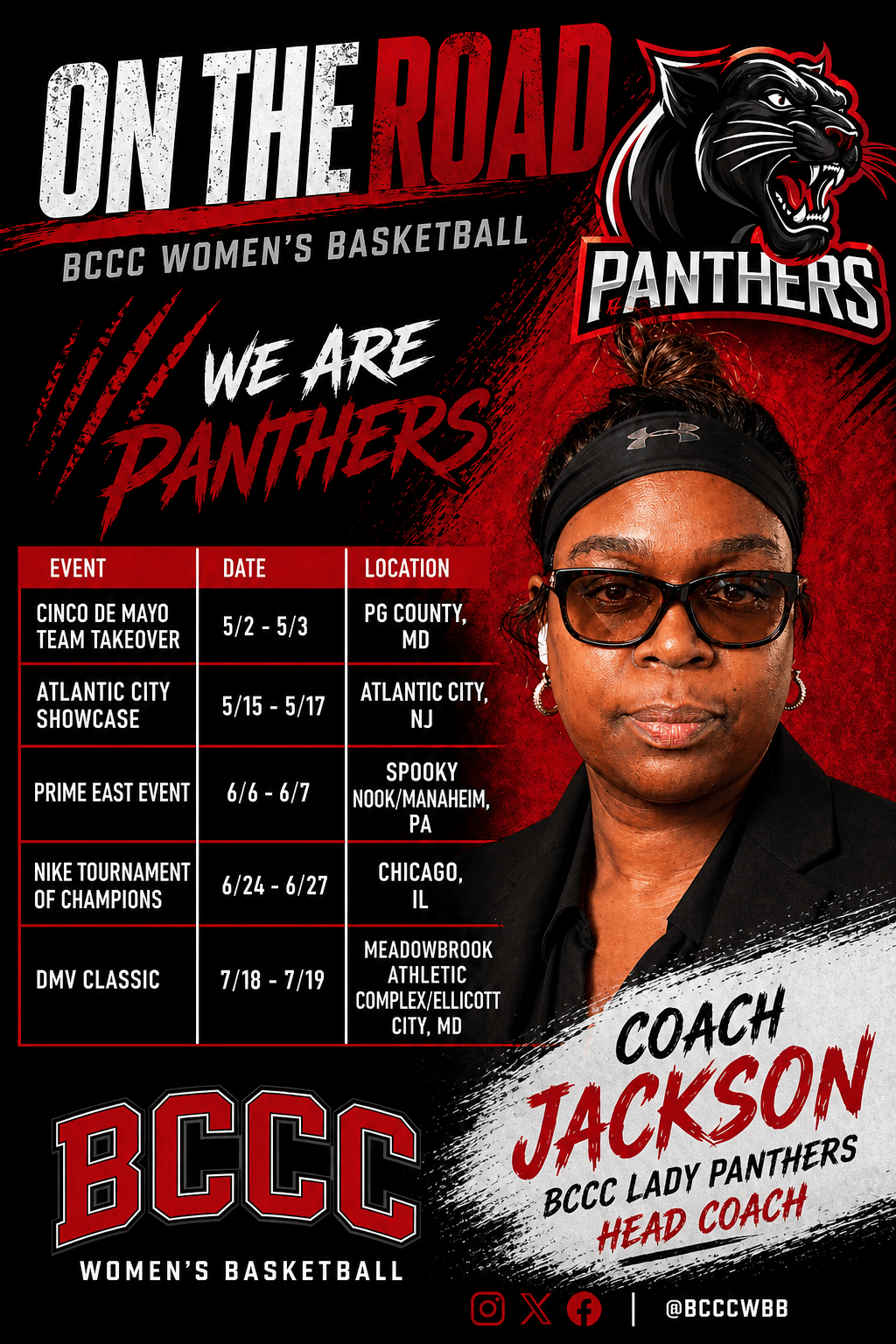 Poster for BCCC women's basketball events featuring a woman wearing sunglasses, event details, and a panther mascot logo.