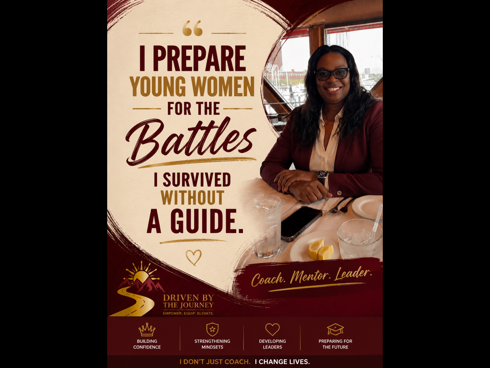 Woman smiling at a table with a quote about preparing young women for battles and surviving without a guide, with a red background.