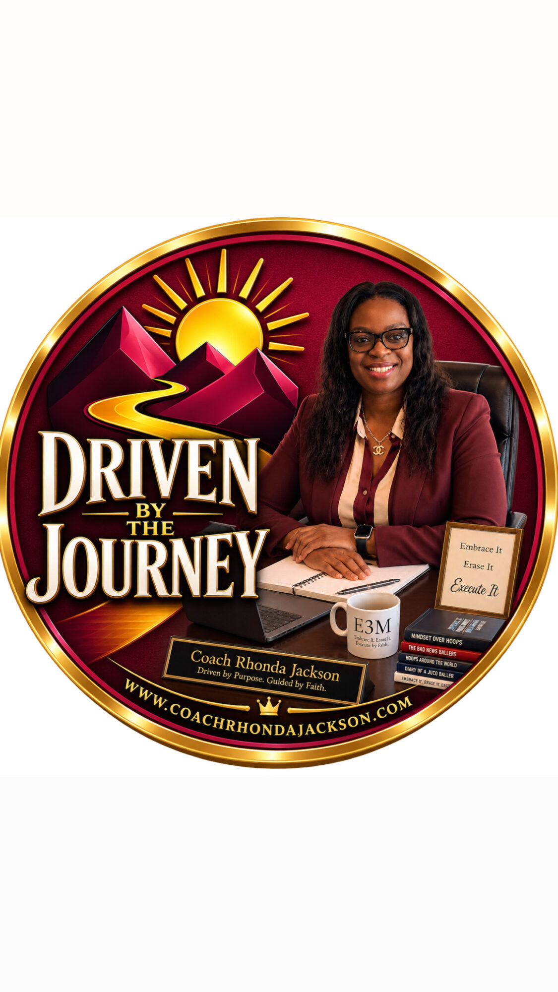 Woman sitting at a desk with a sign, mug, and papers, smiling, with a logo and text about a journey and coaching.