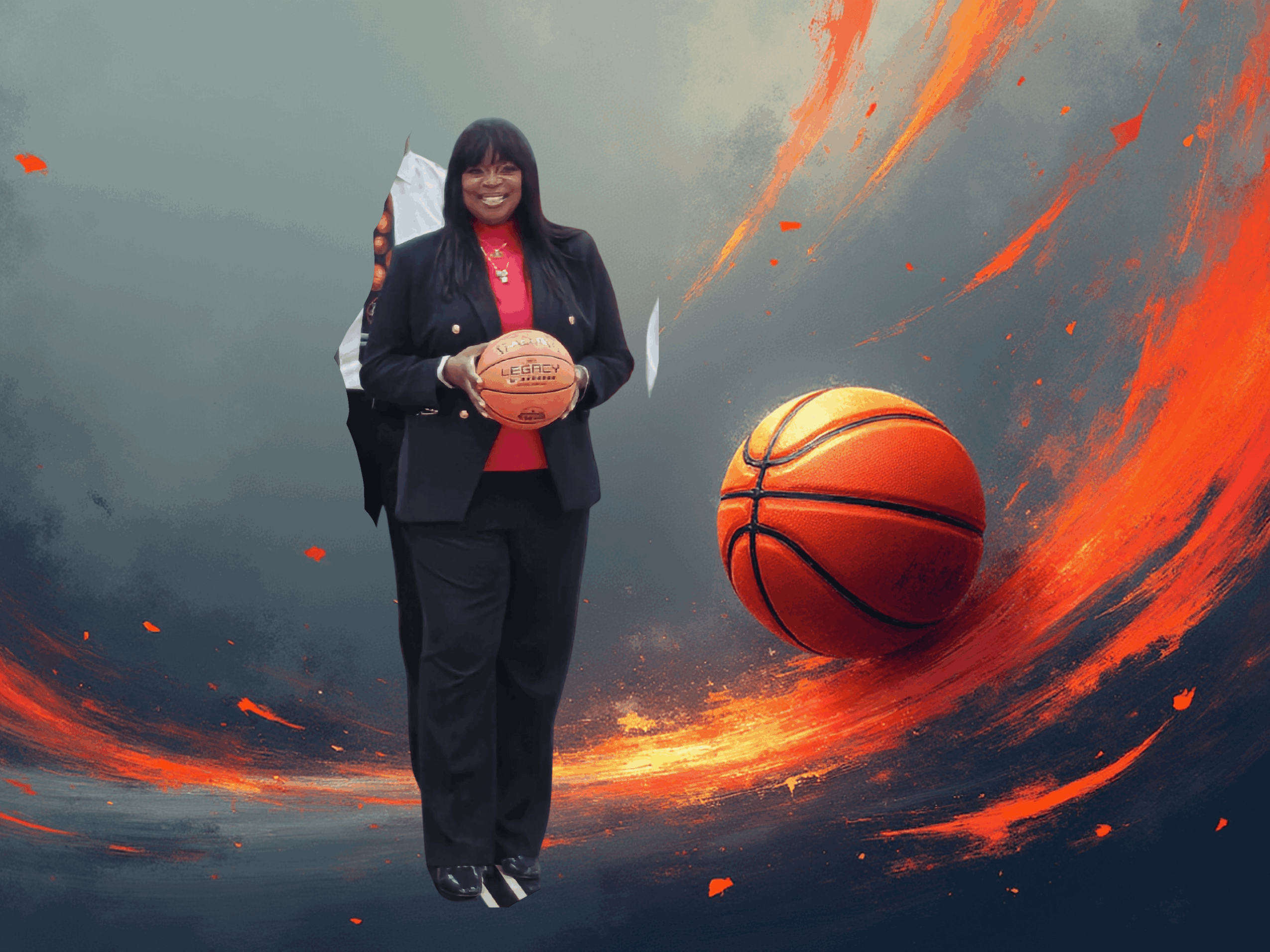 Woman in formal attire holding a basketball, standing in front of a fiery, dynamic background with a floating basketball.